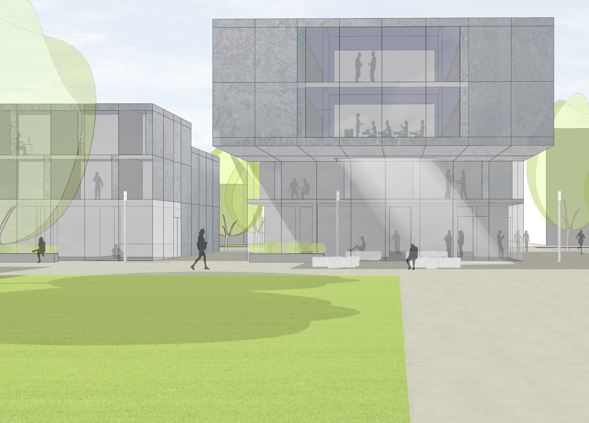 Haupteingang der Institute mit Treffpunkt und Durchblick zur Wießec